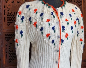 Vintage traditional Tirol trachten Austrian folk floral embroidered pom pom hand knit wool cardigan