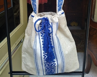 Vintage rustic Mexican bag // Vintage Shoulder Fabric Bag // Embroidered Blue Bag