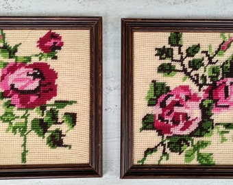 Couple of Floral Needle point in wood frame Roses / Vintage Frame handmade