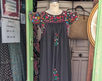 Vintage Traditional Black Oaxacan Dress Hand Rainbow Embroidered Ethnic Maxi Long Mexican Cover Up