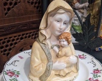 Vintage Ceramic Mother Mary Virgin And Baby Jesus Religious Bust