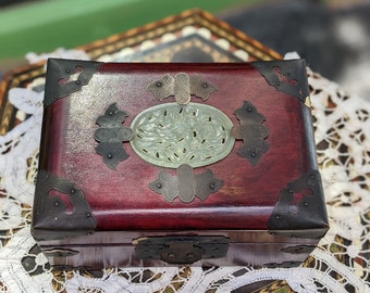 Chinese Jewelry Box | Wooden Box with Heavy Brass Hardware | Carved Jade Stone Medallion Insert | Red Silk Lined Interior