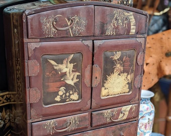 Antique Chinese Dark Brown Laquer and Gilt Wood Altar Cabinet, Hand Painted and Carved // jewelry cabinet, chest of drawers