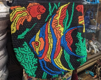 Vintage Beaded Handbag drawstring Purse Tote Fish Ocean Motif