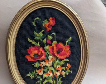 Vintage French Needlepoint Embroidery Flowers in Oval Gold Wood