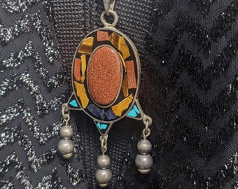 Navajo Pendant Mexico Sterling Silver & Lapis lazuli Pendant multistone with vintage silver chain