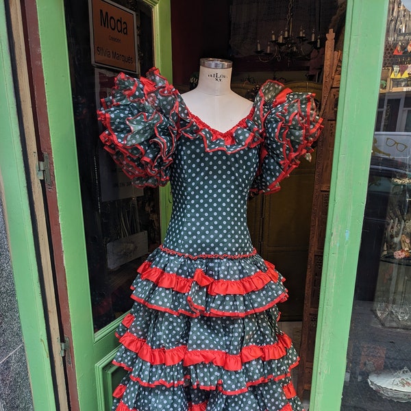 vintage Authentique Flamenco Gypsy Dress Frida Kahlo Feria Gitana // Robe Sevilla Artesanal verte et rouge