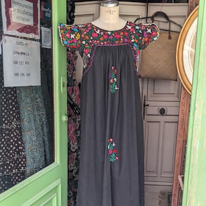 Vintage Traditional Black Oaxacan Dress Hand Rainbow Embroidered Ethnic Maxi Long Mexican Cover Up
