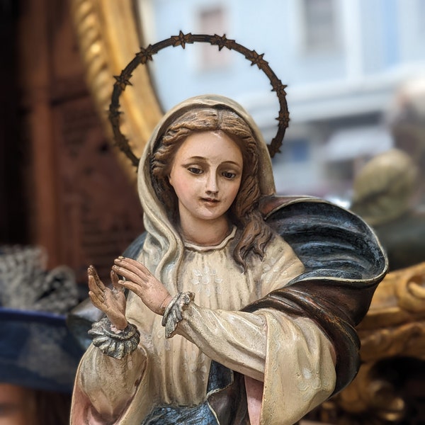 Antigua figura Virgen Religiosa Olot Escayola // Estatuilla Religiosa Policromada // Virgen María Olot