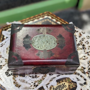 Chinese Jewelry Box | Wooden Box with Heavy Brass Hardware | Carved Jade Stone Medallion Insert | Red Silk Lined Interior
