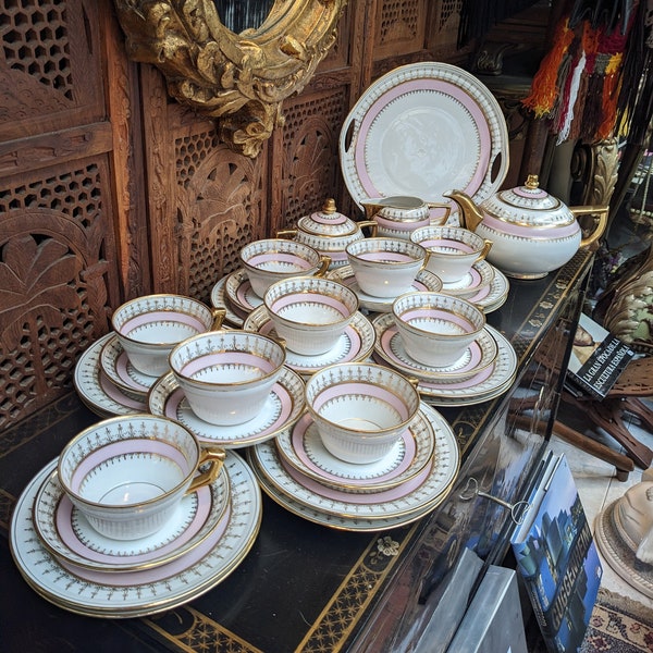 Service à thé antique en porcelaine or rose pâle 35 pièces, magnifique service à café Rlimt // Cottage vintage