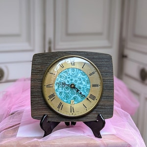 Wooden clock Jaz S. A Paris  Transistor France curved glass and green abstract pattern / 1970s / Wall Hanging Clock