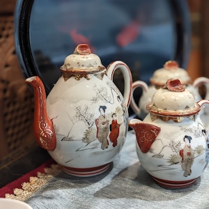 Kutani tea set with tray // Japanese eggshell porcelain //Hand painted &quot;Geisha Girls&quot; design // Antique ware of Japan.