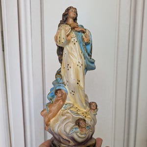 Antique religious Madonna statue w angels cherubs religious immaculated conception our lady Holy virgin Mary saint 1900s handpainted