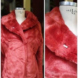 Vintage Vegan Faux Fur Red Jacket / Winter Coat with Pockets / Furly jacket