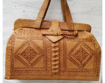 Leather Hand Tooled Bag 1950s Egyptian Embossed // Leather Handbag Handmade