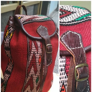 Vintage Kilim Brown Leather Backpack Red / Moroccan Kilim Leather Backpack/ Kilim Leather Book Bag/ Kilim Leather Unisex Bag/ Kilim Backpack