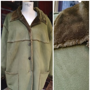 Vintage Faux fur Suede Unisex light green coat / Soft L - XL size / Ovsersized Coat