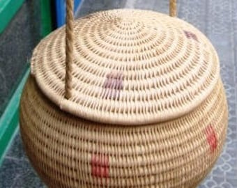 Vintage Handwoven / Mini Basket Purse / Mini Hanging Basket / Vintage Handmade Mini Basket