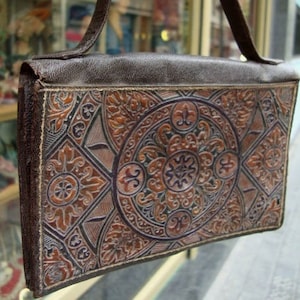 Vintage leather  handbag vintage unique piece retro chic steampunk bag french touch / Embossed Evening Bag Vintage / Museum Bag