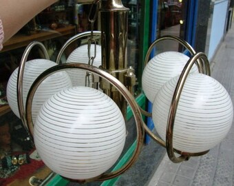 Vintage plafondlamp chroom en globes glas / 5 lampen in ophanging