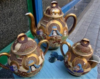 Satsuma moriage tea set / Tea set with polychrome enamels / Japanese moriage porcelain/ Japanese Tea Set