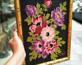 Vintage Needle Point Hand embroidered Flower in Gold vintage Frame Wall Hanging Kitsch Decor