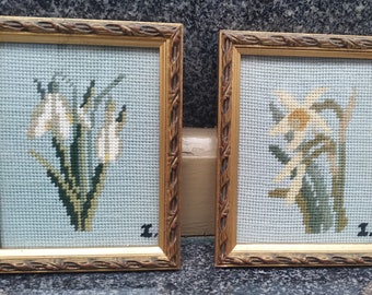romantic landscape with windmill Framed cross stitched retro embroidery painting mid century sailboat and farm