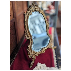 Antique Large Table Mirror, Baroque Ornate Brass Makeup Mirror, Dressing Table Mirror, Vanity Accessory, Standing Victorian Mirror