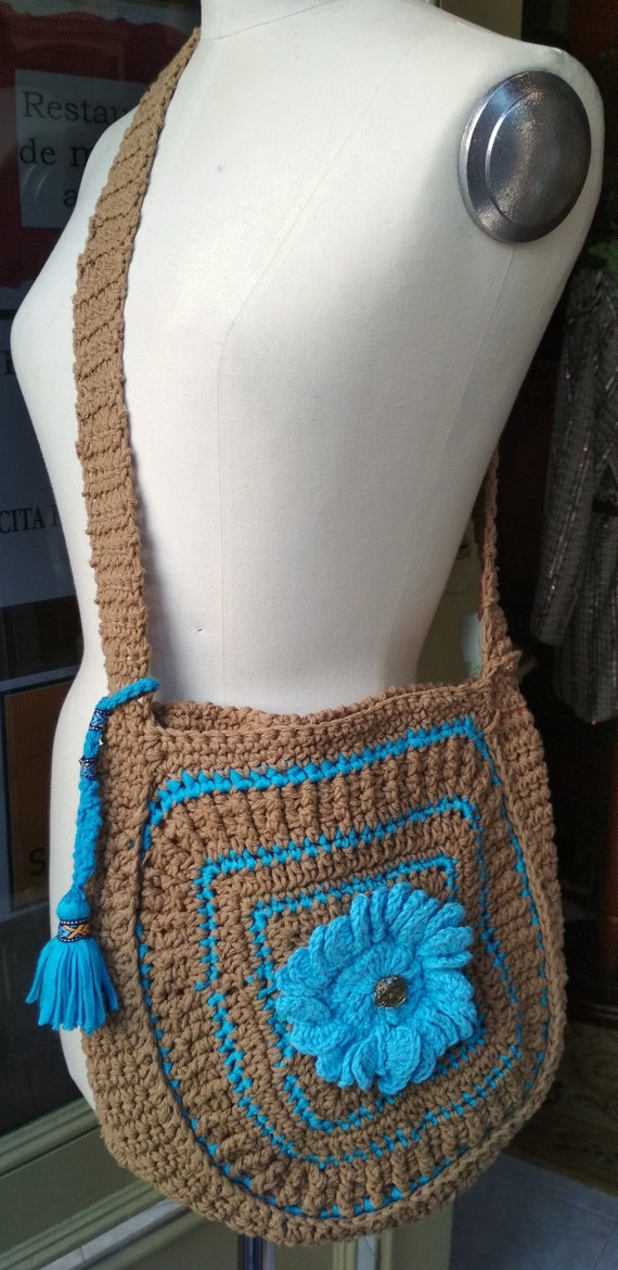 Bags Crochet Handmade Shoulder bag Blue and Brown… - image 6
