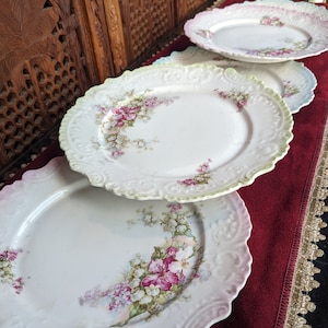 5 Antique Victorian Porcelain Floral Dessert Plates Pink Blue Green Scalloped Impressed Edge Lovely