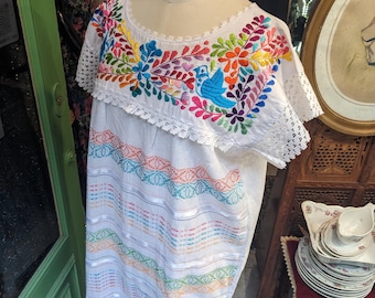 Vintage Mexican Huipil- Dress-Traditional Women Boho hand made dress -Hand embroidered Artisanal Huipil- Dress-Bohemian Mexican Dress