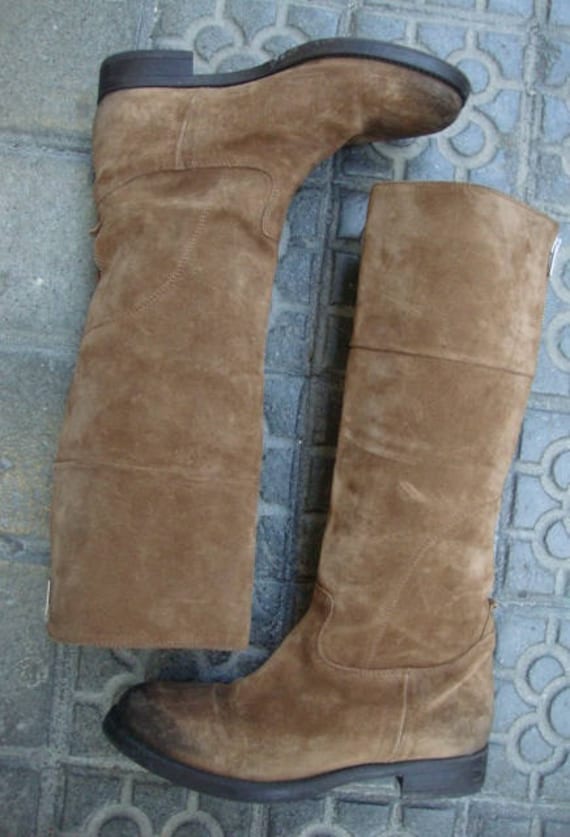 Handmade in Italy Beige Leather Boots Handmade Beige Suede Knee High Boots: Italian Leather, Flat  main image 4