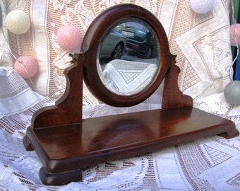 Antique Wooden Dressing Table Mirror / Vintage, Beveled Glass/ Antique Oval Mirror / Desk Mirror