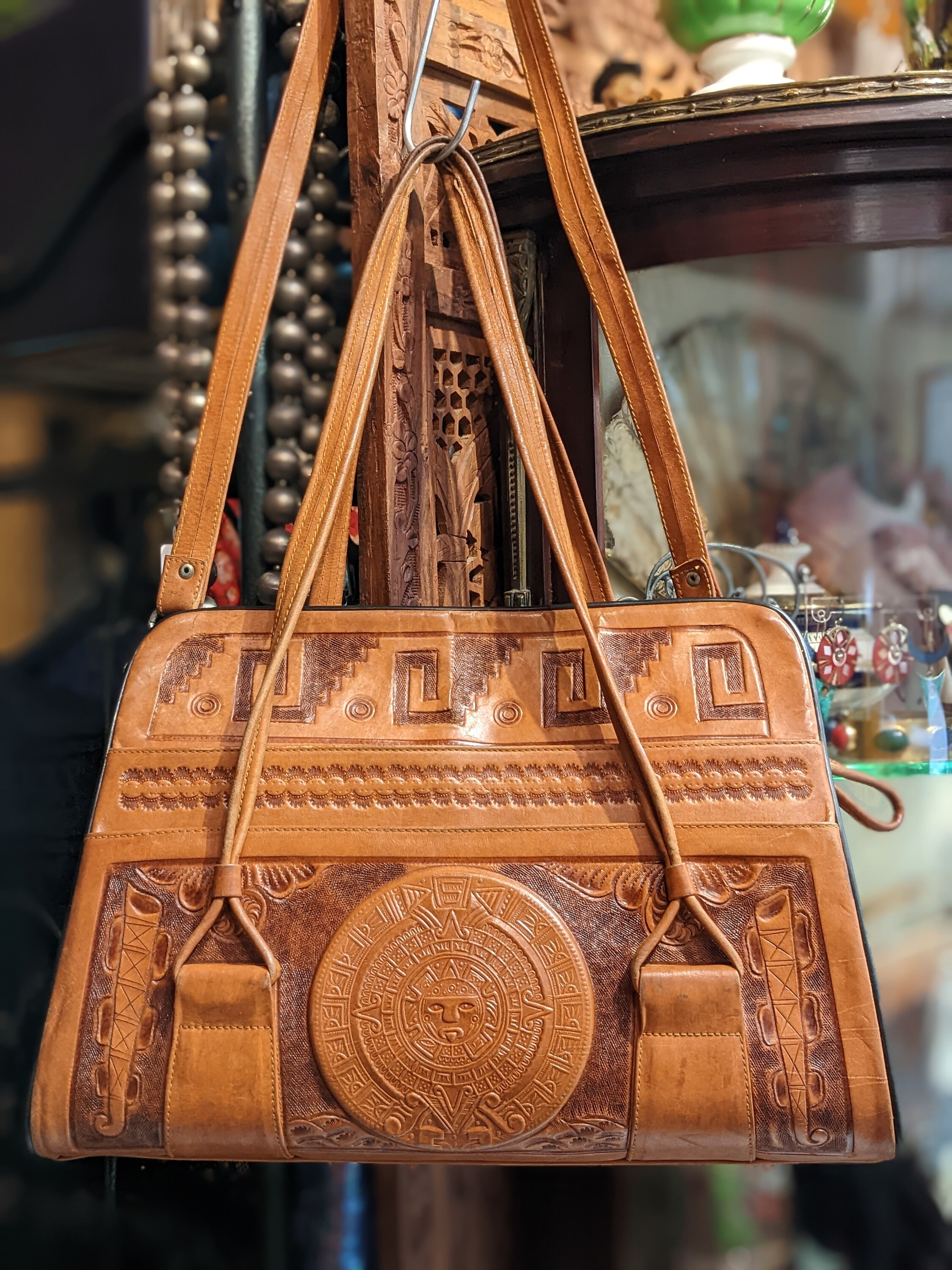 Vintage Hand Tooled Leather Handbag // 70s 80s 90s, Market Bag 