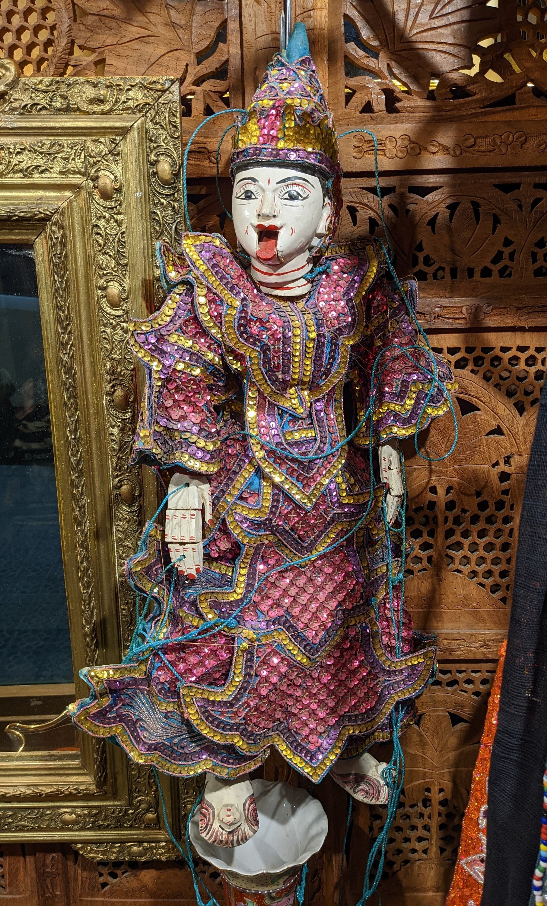 Antique Ornate Asian Hand Carved Burmese Marionette String Puppet