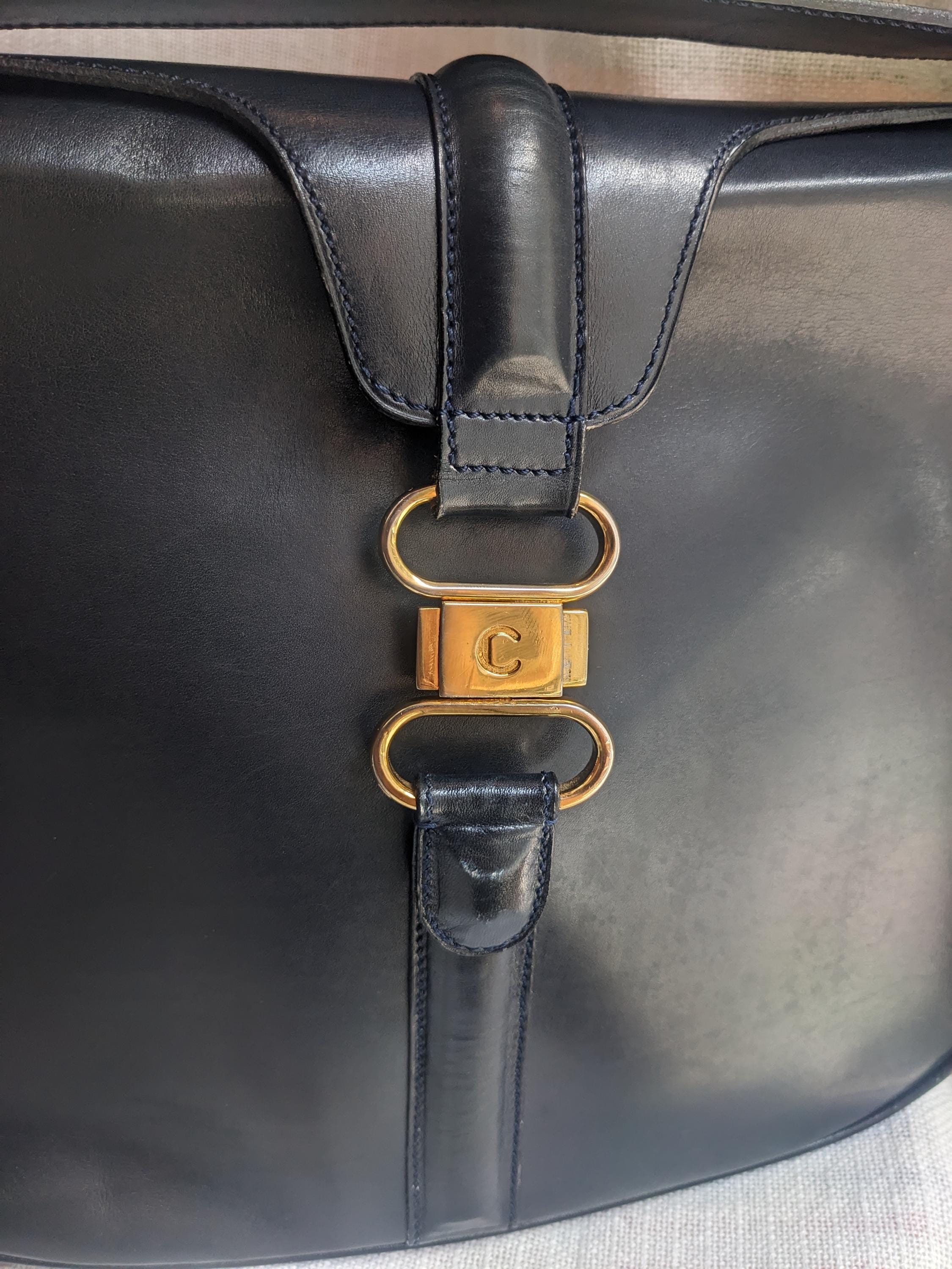 Authentic CELINE Vintage C Logo Shoulder Bag Navy Blue // Designer