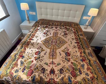 Colcha reversible de seda vintage bordada,