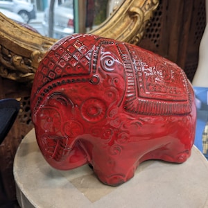 1960s Ceramic Elephant in Aldo Bitossi Style // Red Glaze Ceramic Animals Home decor