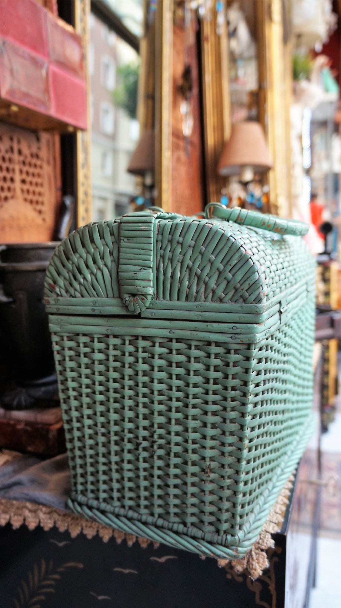 Vintage Basket Wicker Mint Green // Handwoven Basket // Picnic Etsy