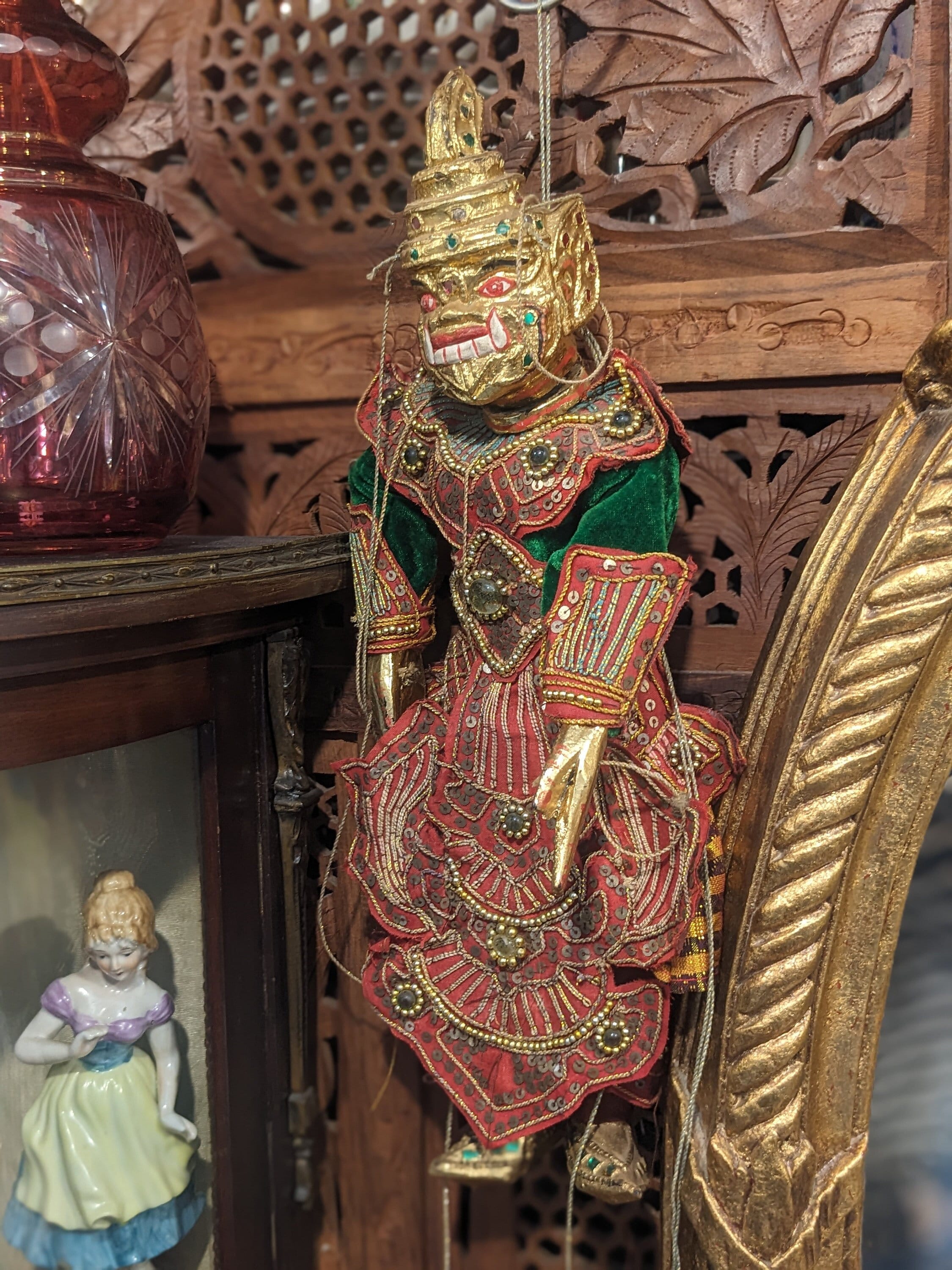 Royal Ogre marionette. Old Burmese Marionette puppet, Myanmar Burmese doll, Golden Hanuman, Detailed Handmade puppet