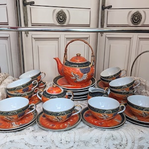 Antique Japanese Satsuma Moriage Tea set Dragonware Moriage // Eggshell cup geisha orange