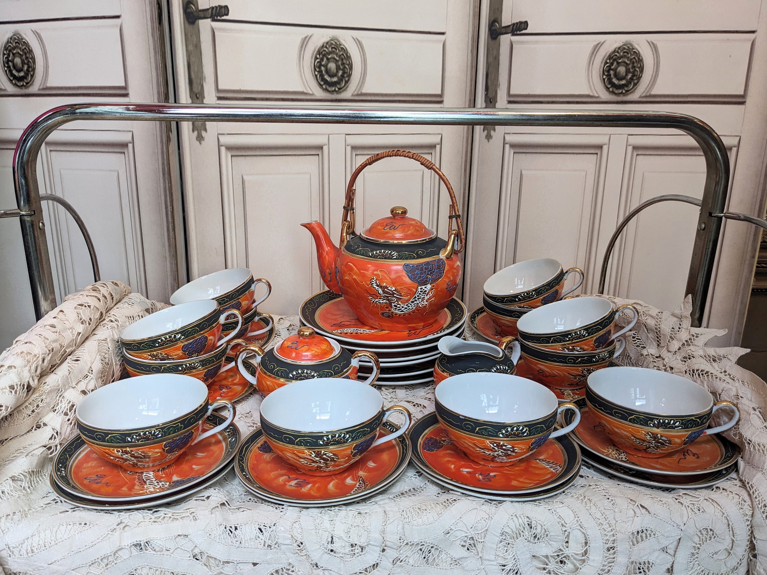 Antique Japanese Satsuma Moriage Tea Set Dragonware Moriage