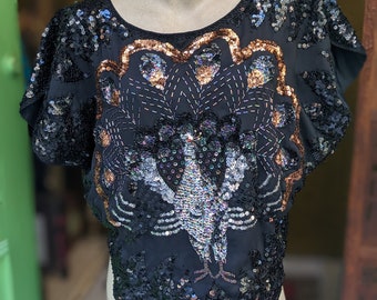 Sequin Peacock Silk Tunic Top Vintage // Vintage 80s Gold Black Bead and Sequin Embellished // Disco Top