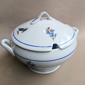 Antique children&#39;s tureen with cartoons // cottage tableware