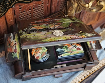 Vintage chinesische Eitelkeit Schmuck Box mit Spiegel/dekorative lackiert orientalische Eitelkeit Set /chinesische Dekor Kosmetik oder Schmuck Lagerung