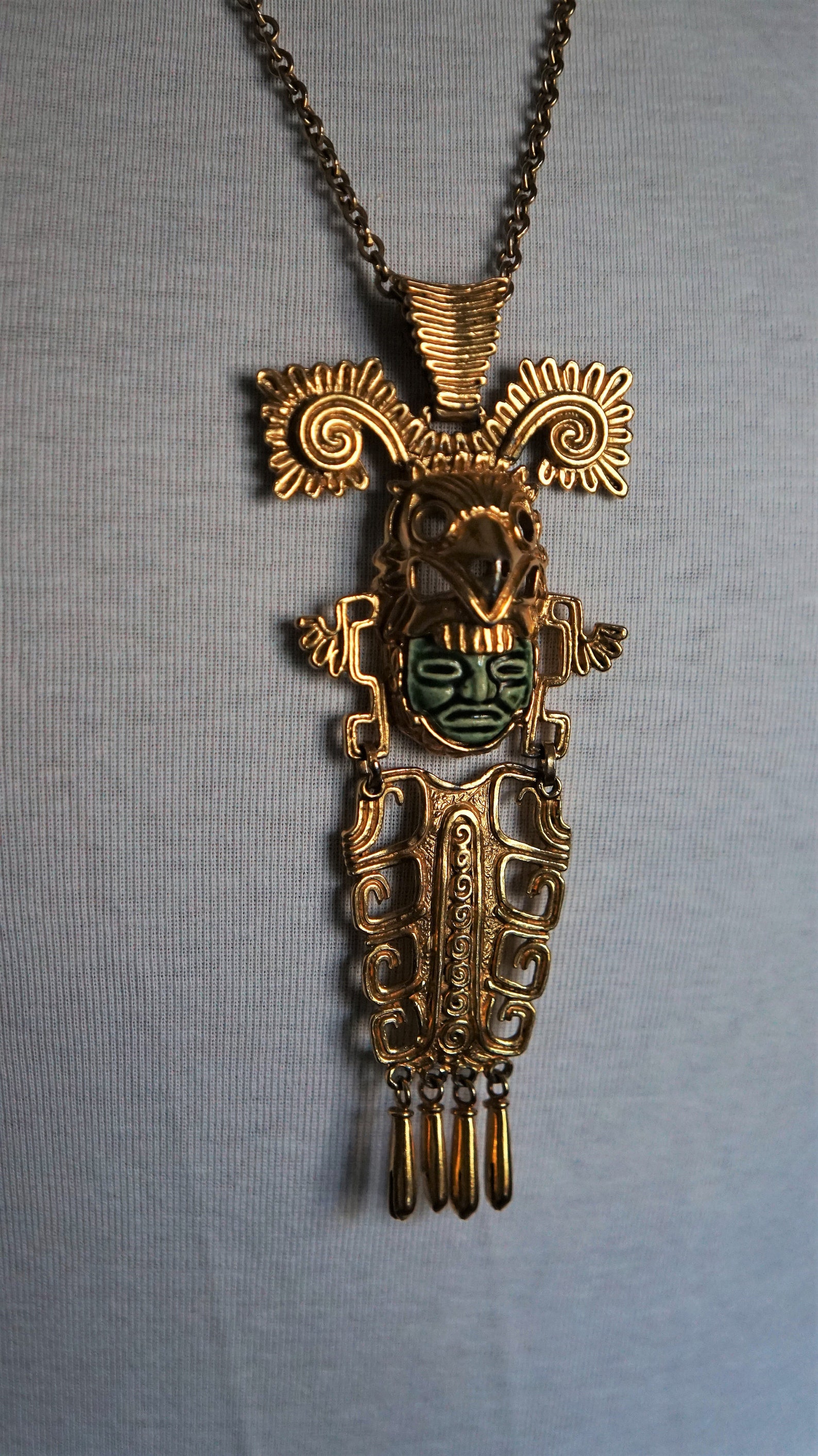 Pendentif Vintage Mexicain Plaqué Or 22k, Signé Marbel Salvador Teran, Thème Maya - Céramique, Couleur Doré - Occasion