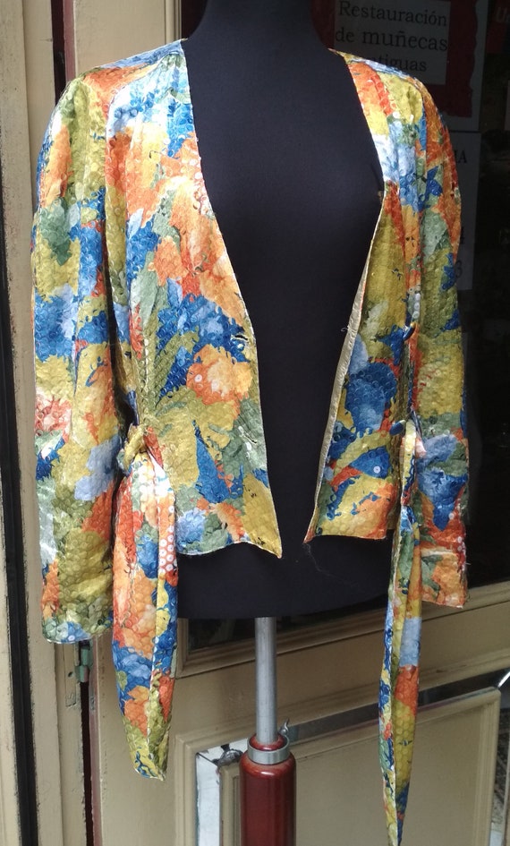 Vintage 80s Sequin Jacket colorful with belt / Ra… - image 3