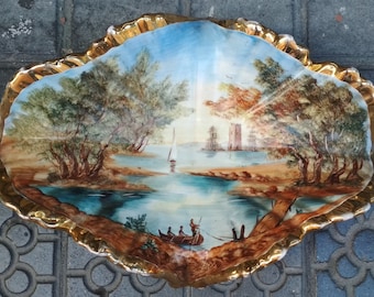 Huge Platter  Antique Scene Handpainted Gold / Fruit ceramic bowl /platter / Decorative Platter