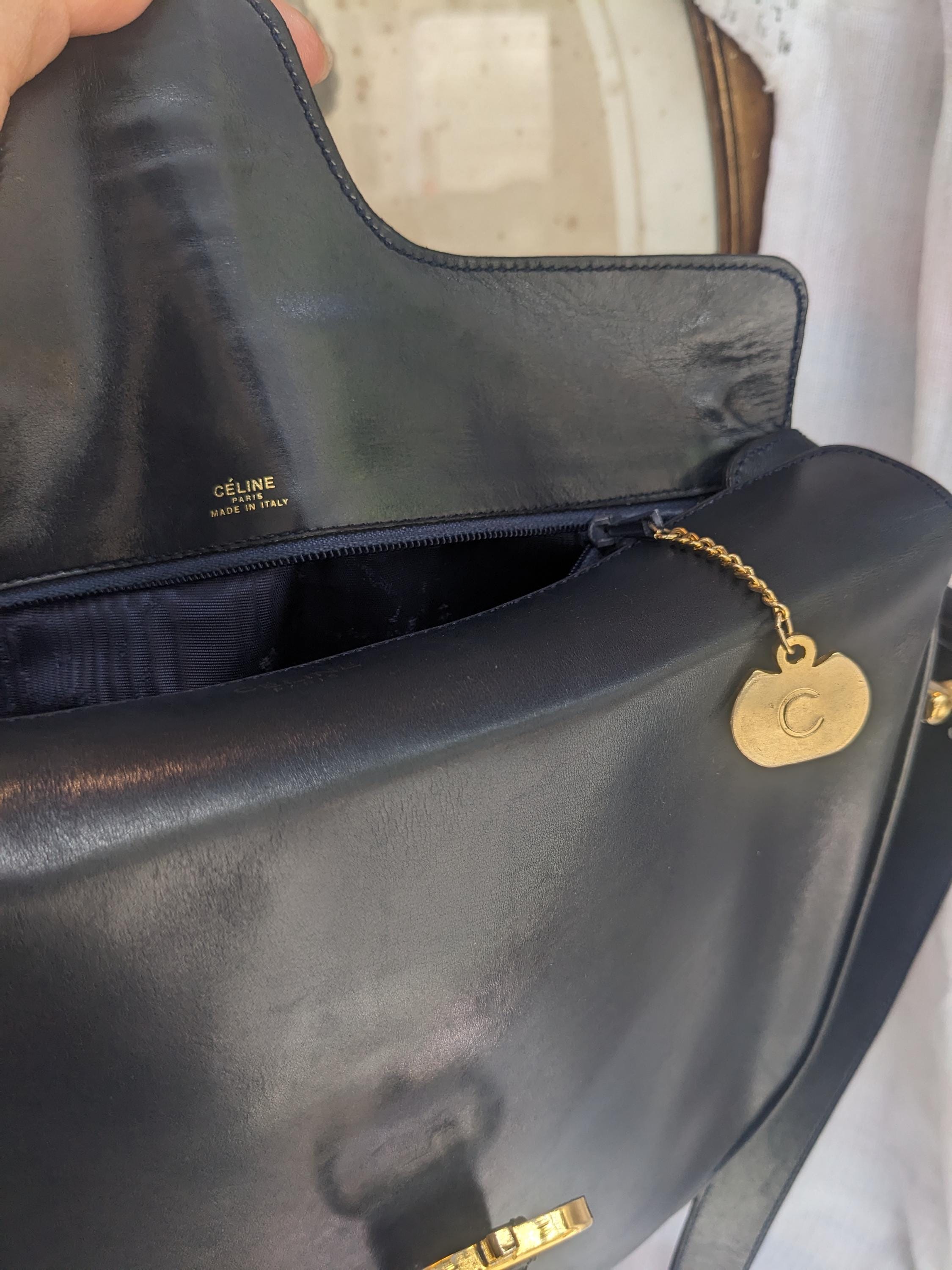 Authentic CELINE Vintage C Logo Shoulder Bag Navy Blue // Designer 